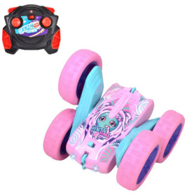 Ferngesteuertes Stuntauto in Pink und Blau mit Comic-Gesicht und schwarz-roter Fernbedienung.