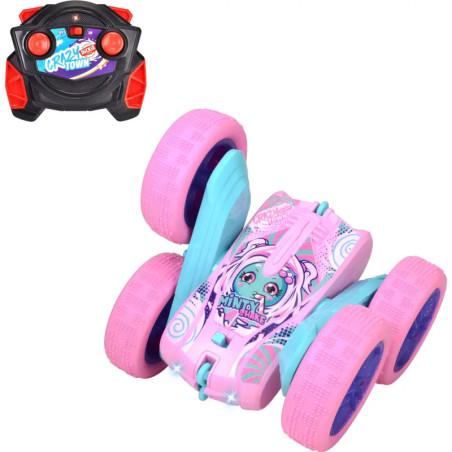 Ferngesteuertes Stuntauto in Pink und Blau mit Comic-Gesicht und schwarz-roter Fernbedienung.