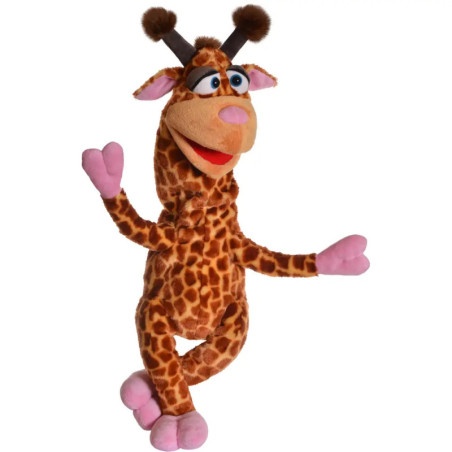 Eine Plüsch-Giraffenhandpuppe mit rosa Hufen und großem Lächeln winkt mit einer Hand.