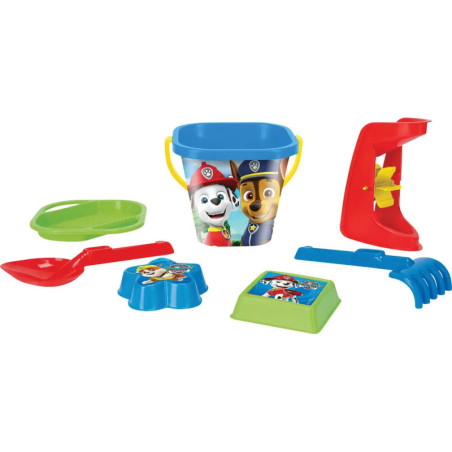 Farbenfrohes Paw Patrol Strandsandspielzeug-Set mit Eimer, Schaufel, Rechen, Sieb, Förmchen und Sandmühle.