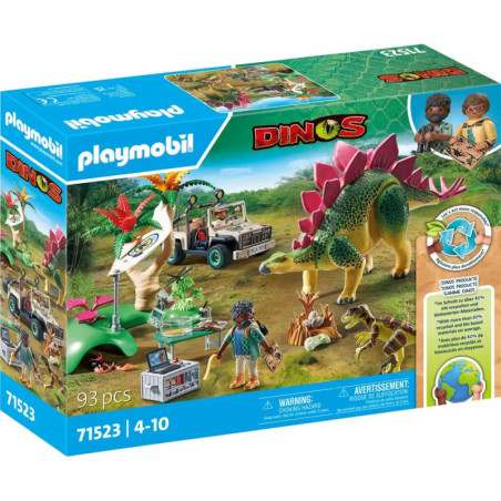 Playmobil Dinos-Set mit Figuren, Jeep, Stegosaurus und Dschungelzubehör, geeignet für Kinder von 4-10 Jahren.