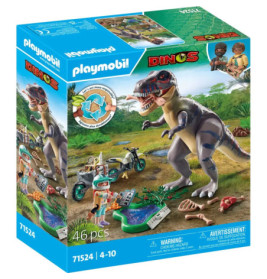 Playmobil Dinos Set mit T-Rex, Figuren, Motorrad und Zubehör. Die Box enthält insgesamt 46 Teile.