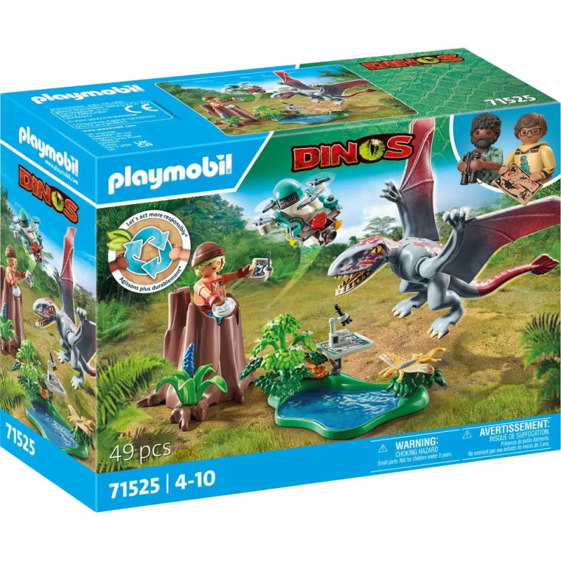 Playmobil Dino-Set mit Figuren, großem Flugsaurier und Abenteurer-Zubehör auf der Vorderseite der Verpackung. Playmobil Dino-Set mit Figuren, großem Flugsaurier und Abenteurer-Zubehör auf der Vorderseite der Verpackung.