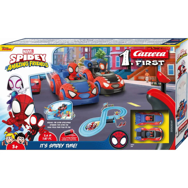 Marvel Spidey and His Amazing Friends Carrera Slotcar-Set mit Spidey-Autos und Rennstrecke in der Originalverpackung.