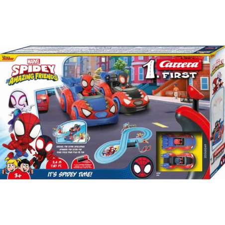 Marvel Spidey and His Amazing Friends Carrera Slotcar-Set mit Spidey-Autos und Rennstrecke in der Originalverpackung.
