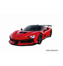 Roter Ferrari-Rennwagen mit schwarzen Akzenten und der Nummer 23 an der Tür, aus der Frontperspektive fotografiert.