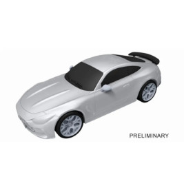 Silbernes Sportwagenmodell mit getönten Scheiben und Heckspoiler aus der Vogelperspektive. Text: VORLÄUFIG.