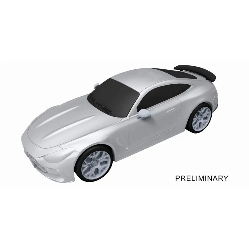 Silbernes Sportwagenmodell mit getönten Scheiben und Heckspoiler aus der Vogelperspektive. Text: VORLÄUFIG.