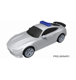 Silbernes Spielzeug-Sportauto mit blauem Sirenenlicht, Frontalansicht, seitlich Schriftzug PRELIMINARY.