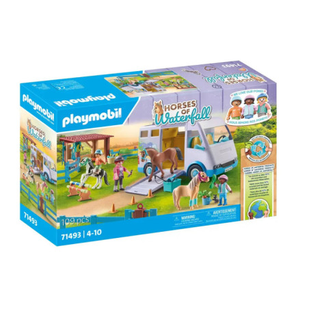 Playmobil Horses of Waterfall Set mit Pferdeanhänger, Figuren und tierischen Spielelementen auf der Verpackung.