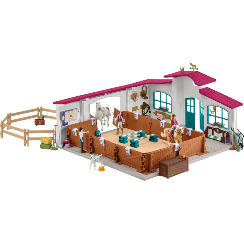 Spielset Pferdestall mit Pferden, Figuren, Boxen und Zubehör, alles in einem Gebäude angeordnet. Spielset Pferdestall mit Pferden, Figuren, Boxen und Zubehör, alles in einem Gebäude angeordnet.
