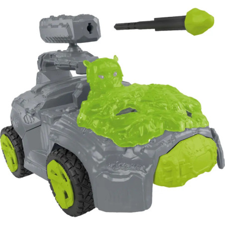 Graues Spielzeugfahrzeug mit neongrünen Slime-Details, montiertem Werfer und Projektil oben.