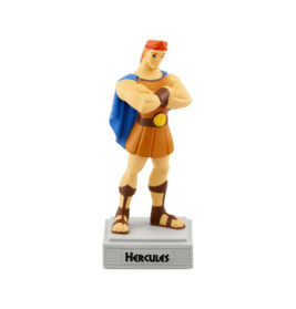 Spielfigur von Disneys Hercules mit verschränkten Armen auf einem Sockel mit der Aufschrift Hercules.