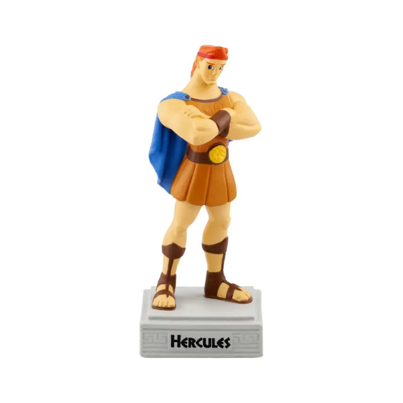 Spielfigur von Disneys Hercules mit verschränkten Armen auf einem Sockel mit der Aufschrift Hercules.