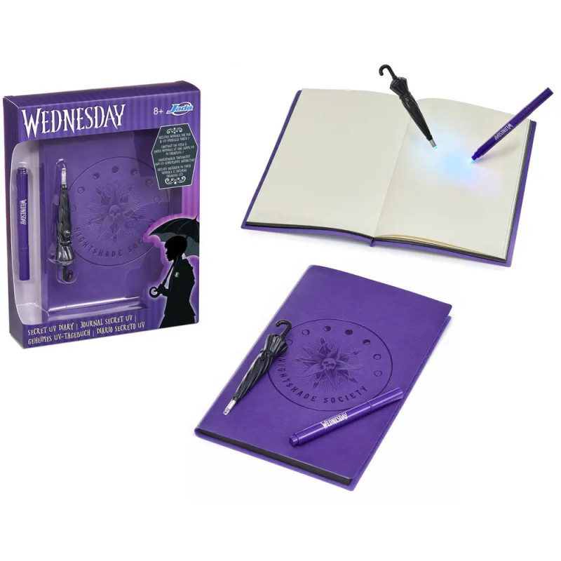 Mittwoch-Tagebuchset mit lila Notizbuch, UV-Stift und UV-Lampe in Schirmform.