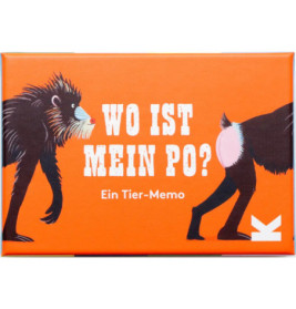 Illustration von zwei Affen mit dem Text Wo ist mein Po? Ein Tier-Memo auf orangem Hintergrund.
