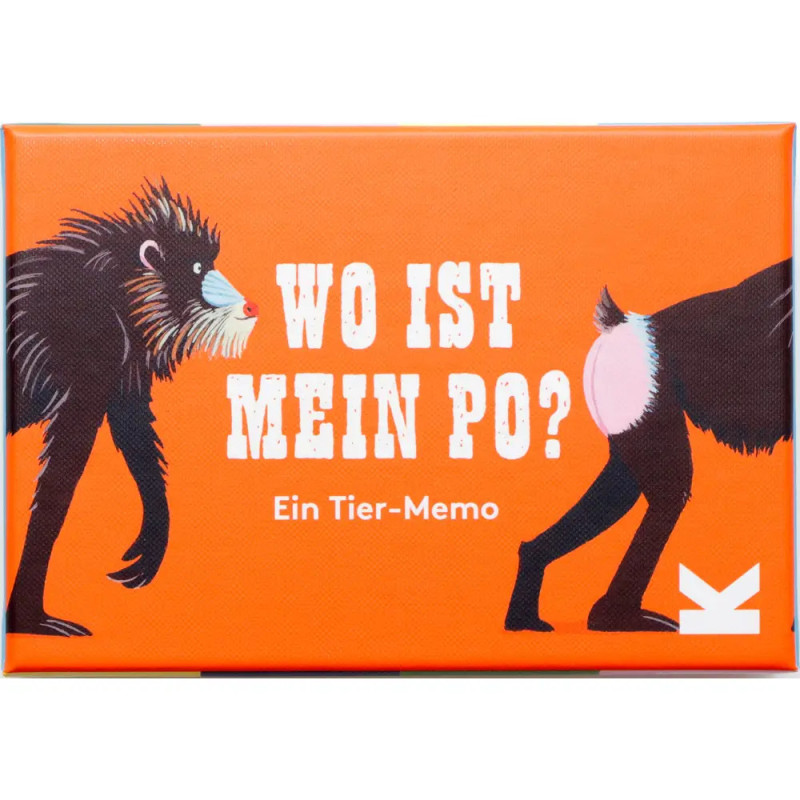 Illustration von zwei Affen mit dem Text Wo ist mein Po? Ein Tier-Memo auf orangem Hintergrund.
