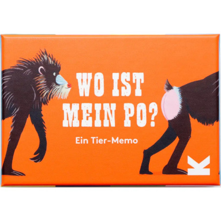 Illustration von zwei Affen mit dem Text Wo ist mein Po? Ein Tier-Memo auf orangem Hintergrund.