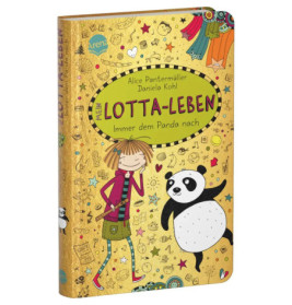 Buchcover von Mein Lotta-Leben: Immer dem Panda nach mit gezeichneter Mädchenfigur und Panda auf goldenem Hintergrund.