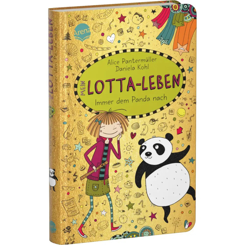 Buchcover von Mein Lotta-Leben: Immer dem Panda nach mit gezeichneter Mädchenfigur und Panda auf goldenem Hintergrund.