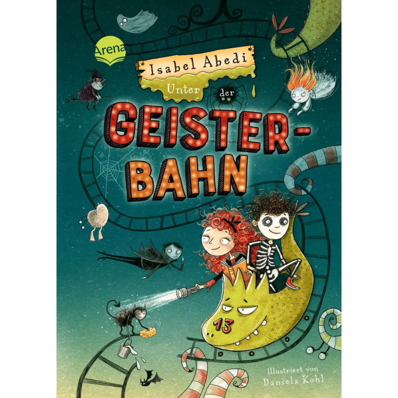 Buchcover: Kinder reiten auf grünem Monster, dazu Geister und gruselige Deko. Titel: Unter der Geisterbahn. Buchcover: Kinder reiten auf grünem Monster, dazu Geister und gruselige Deko. Titel: Unter der Geisterbahn.