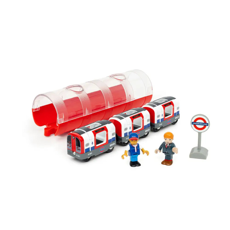 Spielzeug-London-Underground mit drei Waggons, zwei Figuren, U-Bahn-Schild und rotem Aufbewahrungskoffer. Spielzeug-London-Underground mit drei Waggons, zwei Figuren, U-Bahn-Schild und rotem Aufbewahrungskoffer.