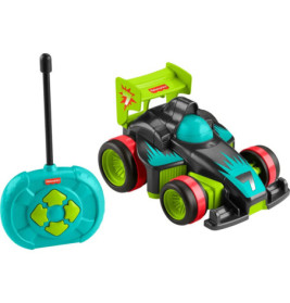 Spielzeug-Rennauto in Blau, Grün und Rot mit passender Fernbedienung mit Richtungstasten.