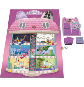 Buntes Gabbys Dollhouse-Spielbrett mit Karten, Katzenelementen, Würfeln und lila Plättchen daneben.