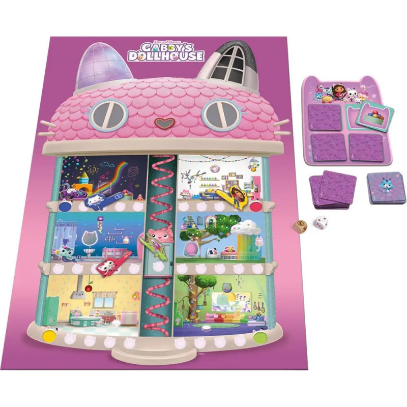 Buntes Gabbys Dollhouse-Spielbrett mit Karten, Katzenelementen, Würfeln und lila Plättchen daneben. Buntes Gabbys Dollhouse-Spielbrett mit Karten, Katzenelementen, Würfeln und lila Plättchen daneben.