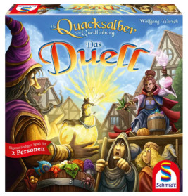 Zwei Zauberer duellieren sich mit Tränken in einer mittelalterlichen Stadt bunte Spielbox Das Duell von Schmidt.