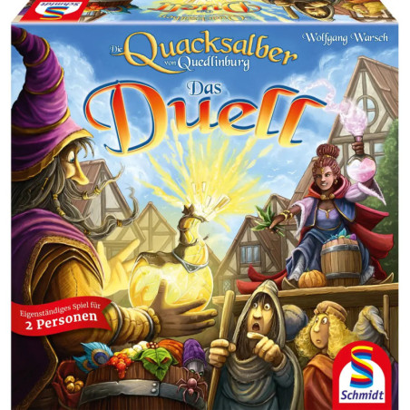 Zwei Zauberer duellieren sich mit Tränken in einer mittelalterlichen Stadt bunte Spielbox Das Duell von Schmidt.