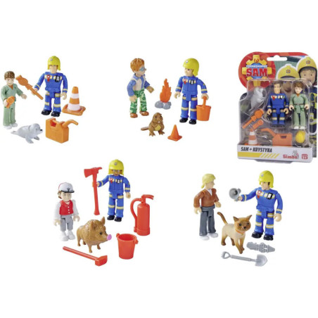 Fireman Sam Rettungsfiguren mit Tieren und Zubehör, dazu ein verpacktes Set oben rechts im Bild.