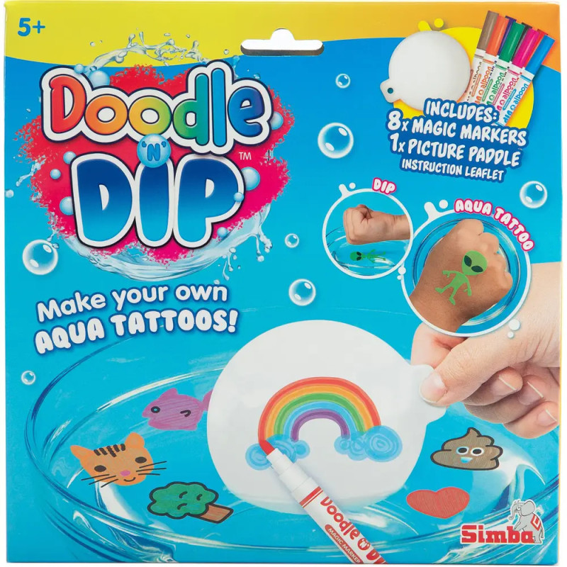 Buntes Doodle n Dip-Set zum Erstellen von Aqua-Tattoos mit Stiften und Vorlagen wie Regenbogen und Katze.