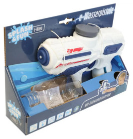 Spielzeug-Wasserpistole in blauer Box mit Aufschrift e-Wasserpistole und leerer Plastikflasche als Zubehör.