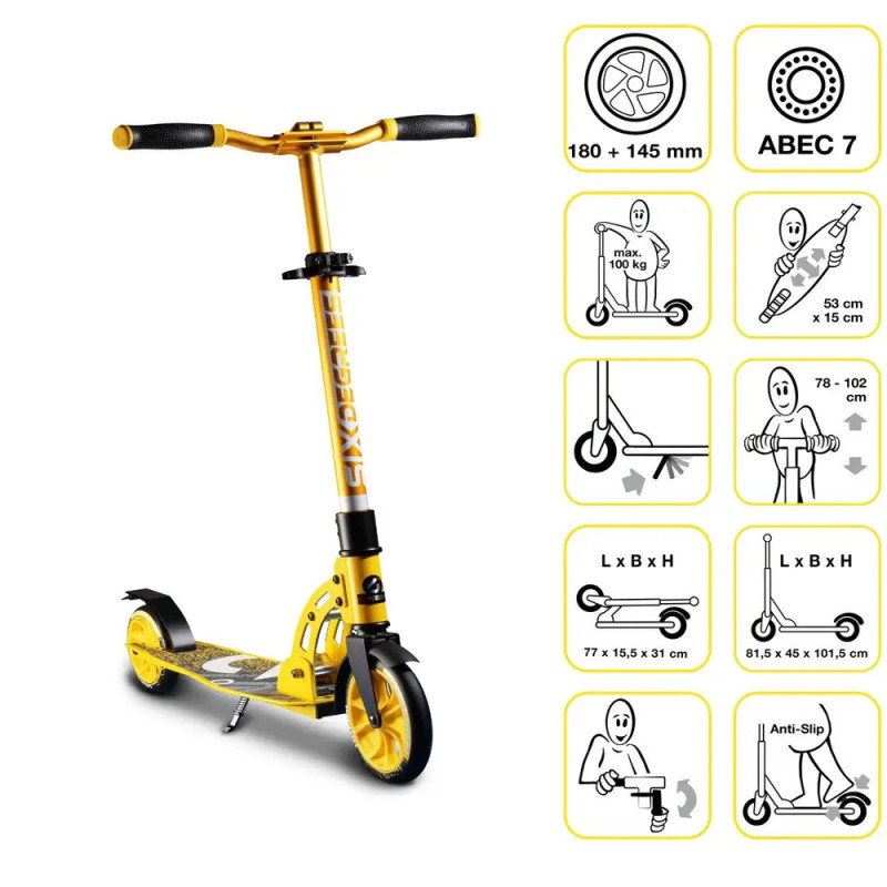 Gelb-schwarzer Tretroller mit Diagrammen zu Maßen, Radgröße und verstellbarer Lenkerhöhe.