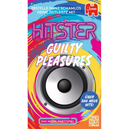 Bunte Hitster Guilty Pleasures Musik-Spielbox mit großem Lautsprecher und auffälliger Schrift.