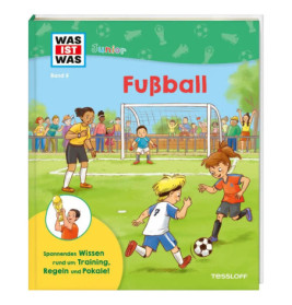 Kinder spielen Fußball auf einem Feld, Zuschauer hinter einem Zaun Buchcover mit dem Titel Fußball.