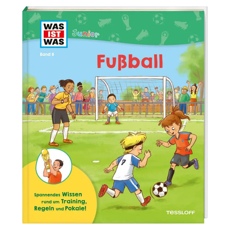 Kinder spielen Fußball auf einem Feld, Zuschauer hinter einem Zaun Buchcover mit dem Titel Fußball. Kinder spielen Fußball auf einem Feld, Zuschauer hinter einem Zaun Buchcover mit dem Titel Fußball.