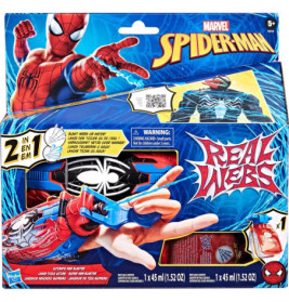 Spider-Man Spielzeug-Set: Verpackung mit Netzschießer am Handgelenk, zwei Nachfüllpatronen, ab 5 Jahren.