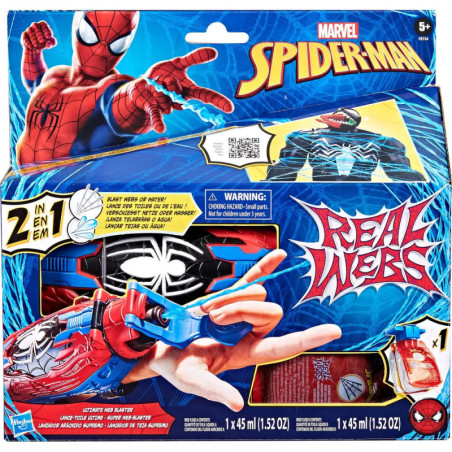 Spider-Man Spielzeug-Set: Verpackung mit Netzschießer am Handgelenk, zwei Nachfüllpatronen, ab 5 Jahren.