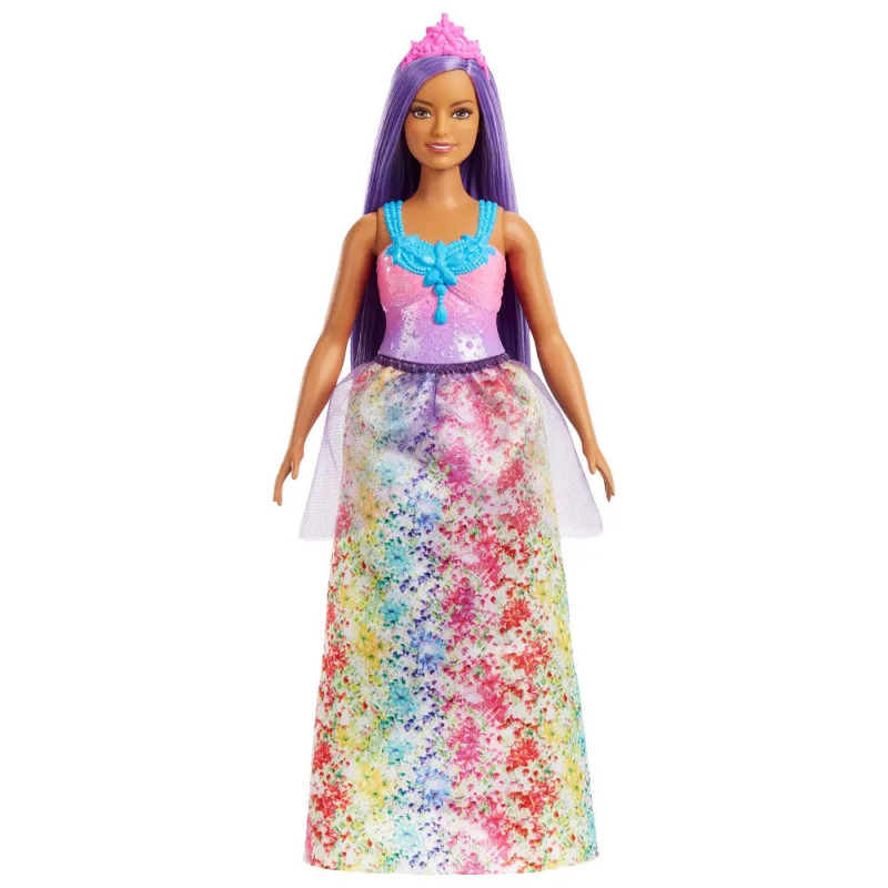Barbiepuppe mit langen lila Haaren, pinker Tiara, buntem Kleid sowie blauem Halsband und Schärpe. Barbiepuppe mit langen lila Haaren, pinker Tiara, buntem Kleid sowie blauem Halsband und Schärpe.