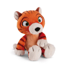 Plüsch-Tiger mit orangefarbenem Fell, schwarzen Streifen, grünen Augen und weißen Pfoten sitzt aufrecht.