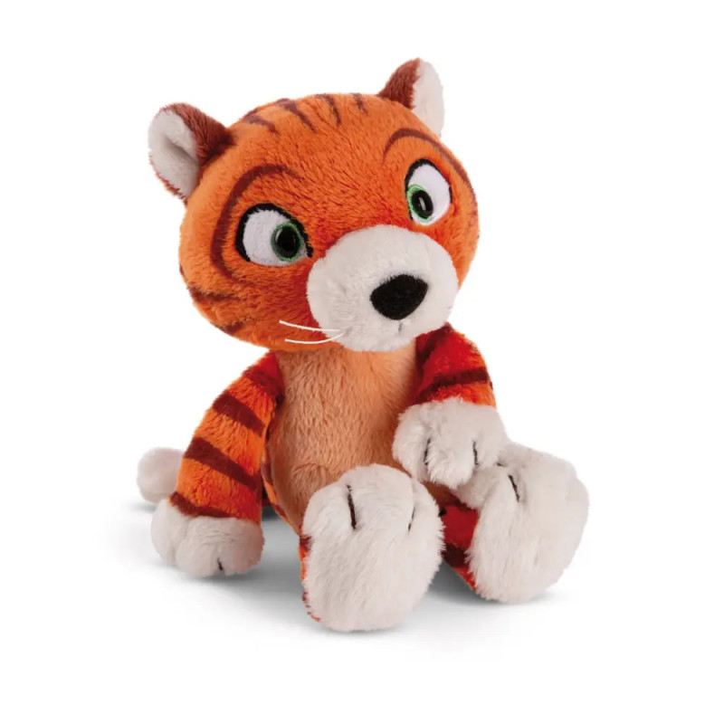 Plüsch-Tiger in Orange mit grünen Augen, weißen Pfoten und gestreiften Beinen sitzt aufrecht. Plüsch-Tiger in Orange mit grünen Augen, weißen Pfoten und gestreiften Beinen sitzt aufrecht.