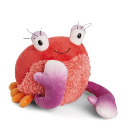 Plüschkrabbe in Pink, Lila und Orange mit großen Augen und lächelndem Gesicht.