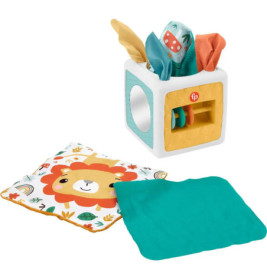 Bunter Baby-Sinneswürfel mit Stofftaschentüchern, Löwenmatte und türkisfarbenem Tuch auf weißem Hintergrund.