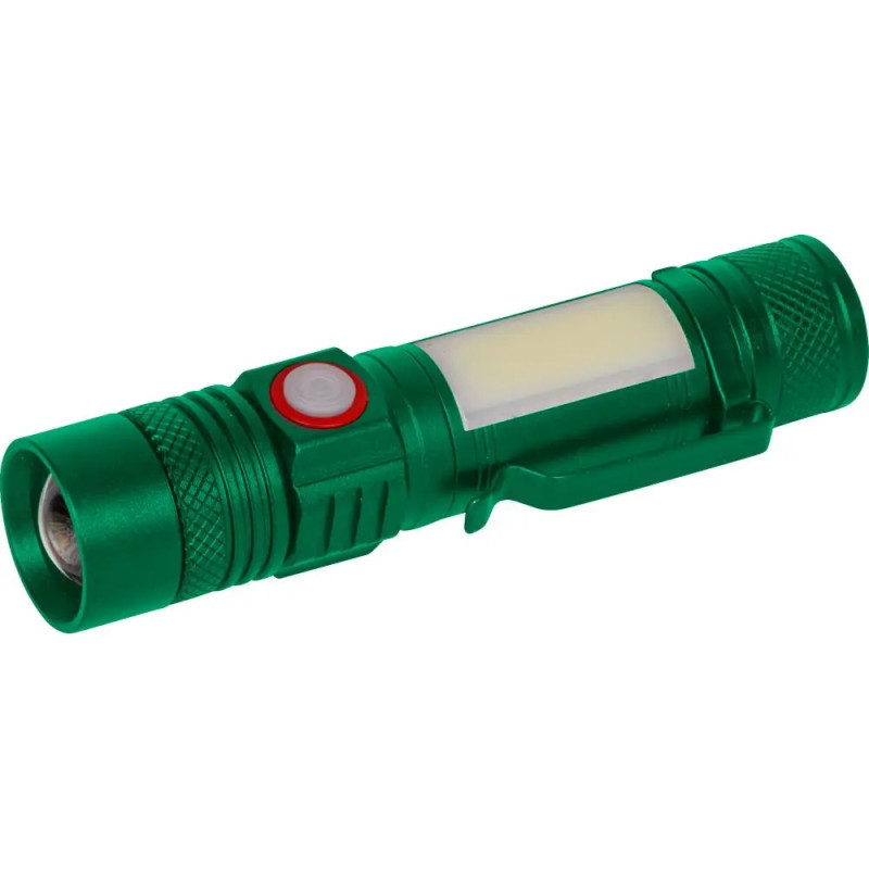 Grüne Taschenlampe mit seitlichem Licht und rot umrandetem Power-Button. Grüne Taschenlampe mit seitlichem Licht und rot umrandetem Power-Button.