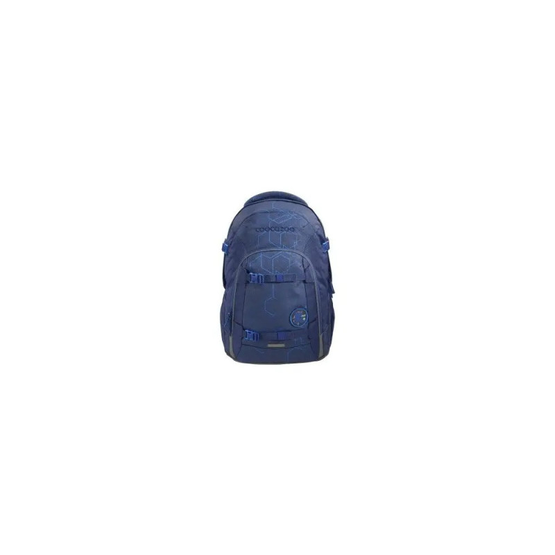 Dunkelblauer Rucksack mit mehreren Taschen und Schnallen vor weißem Hintergrund. Dunkelblauer Rucksack mit mehreren Taschen und Schnallen vor weißem Hintergrund.
