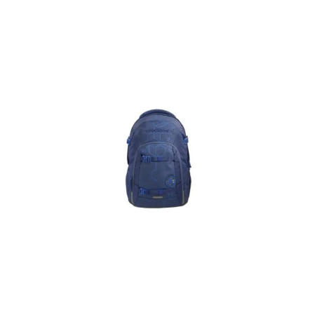 Dunkelblauer Rucksack mit mehreren Taschen und Schnallen vor weißem Hintergrund.