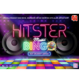 Neon-Hitster-Music-Bingo-Schild mit Lautsprechern und Diskokugel vor buntem Tanzboden.