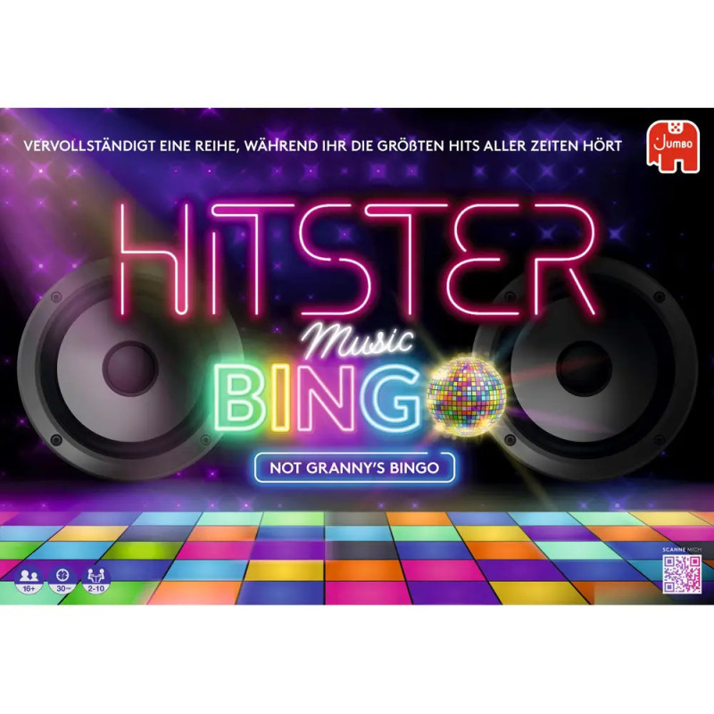 Neon-Hitster-Music-Bingo-Schild mit Lautsprechern und Diskokugel vor buntem Tanzboden. Neon-Hitster-Music-Bingo-Schild mit Lautsprechern und Diskokugel vor buntem Tanzboden.